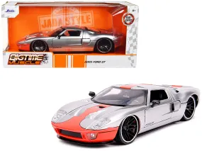 2005 Ford GT Silver with Orange Stripe Bigtime Muscle 1/24 Diecast Model Car by Jada