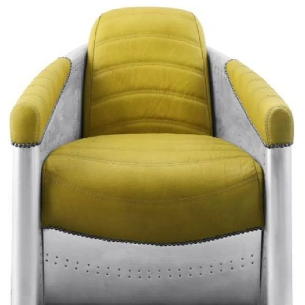 28 Yellow Top Grain Leather And Steel Barrel Chair