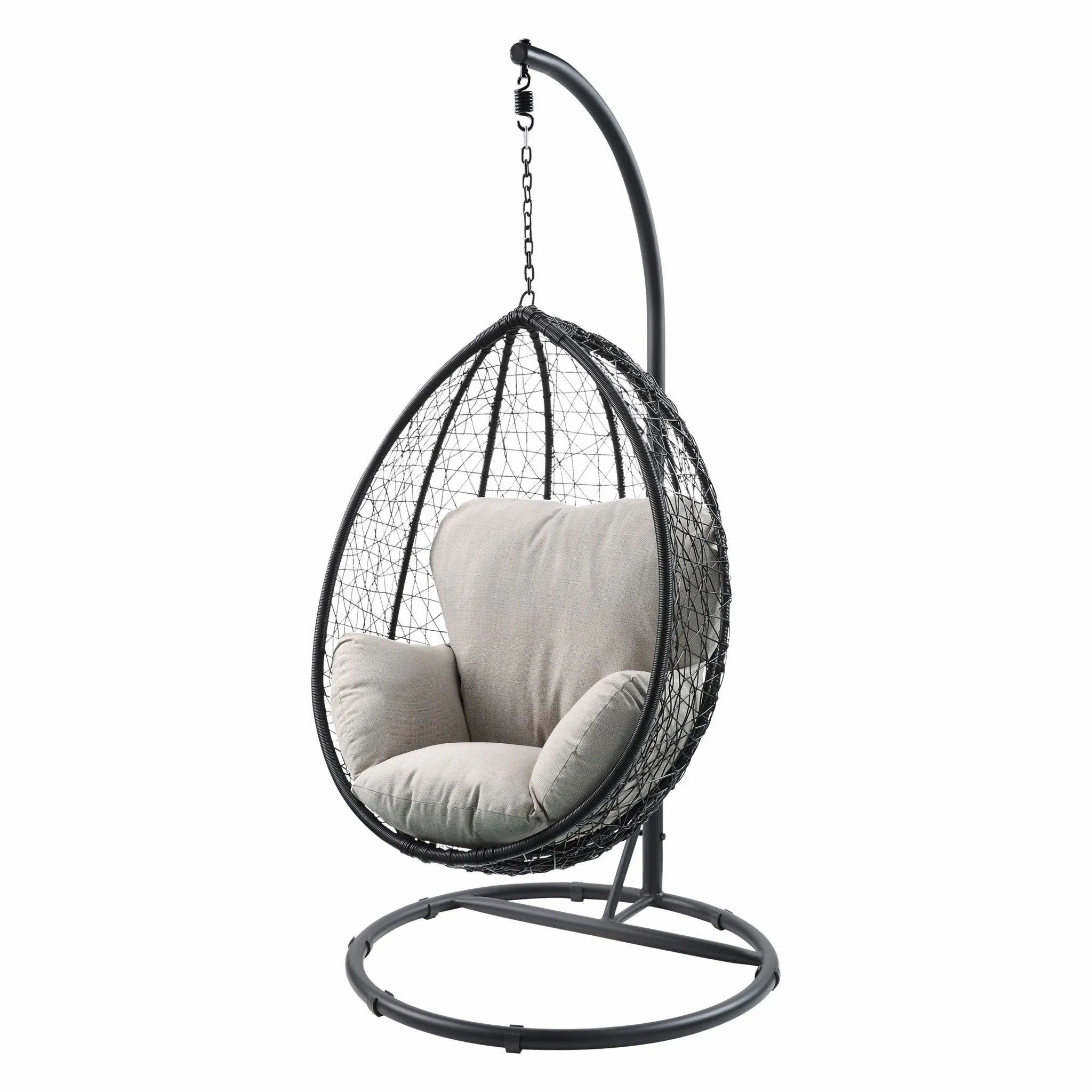 38 Black Metal Swing Chair With Beige Cushion