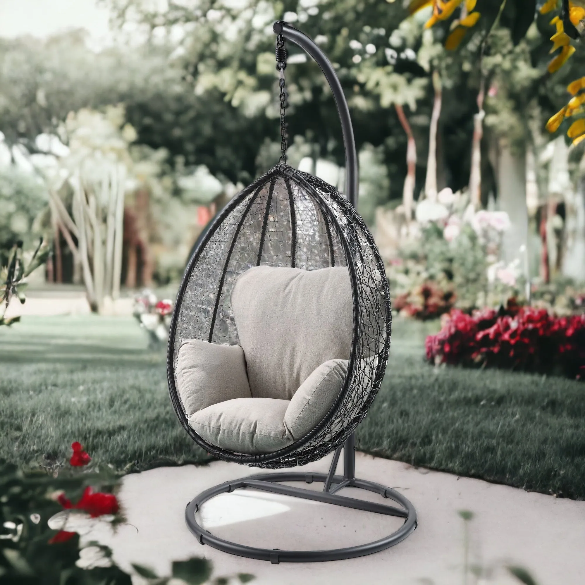 38 Black Metal Swing Chair With Beige Cushion