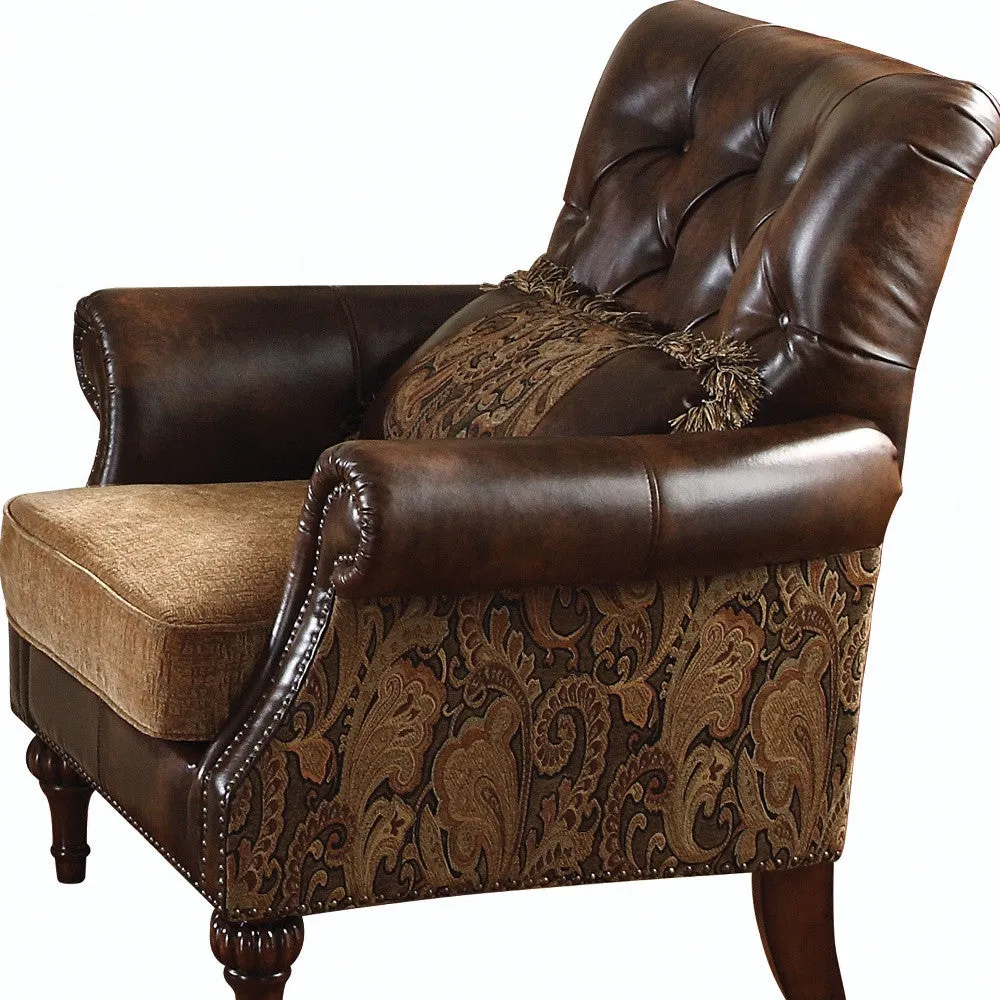 38 Brown And Black Faux Leather Floral Tufted Arm Chair