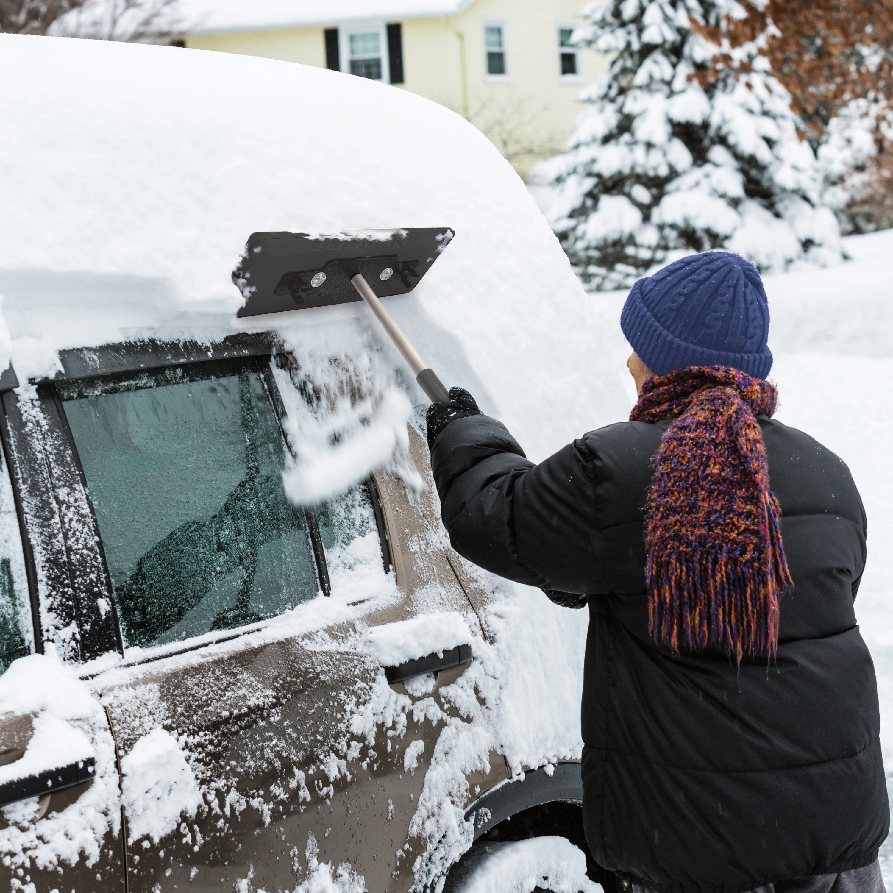 4-In-1 Telescoping Snow Broom   Ice Scraper | 18-Inch Foam Head | Headlights (Black)