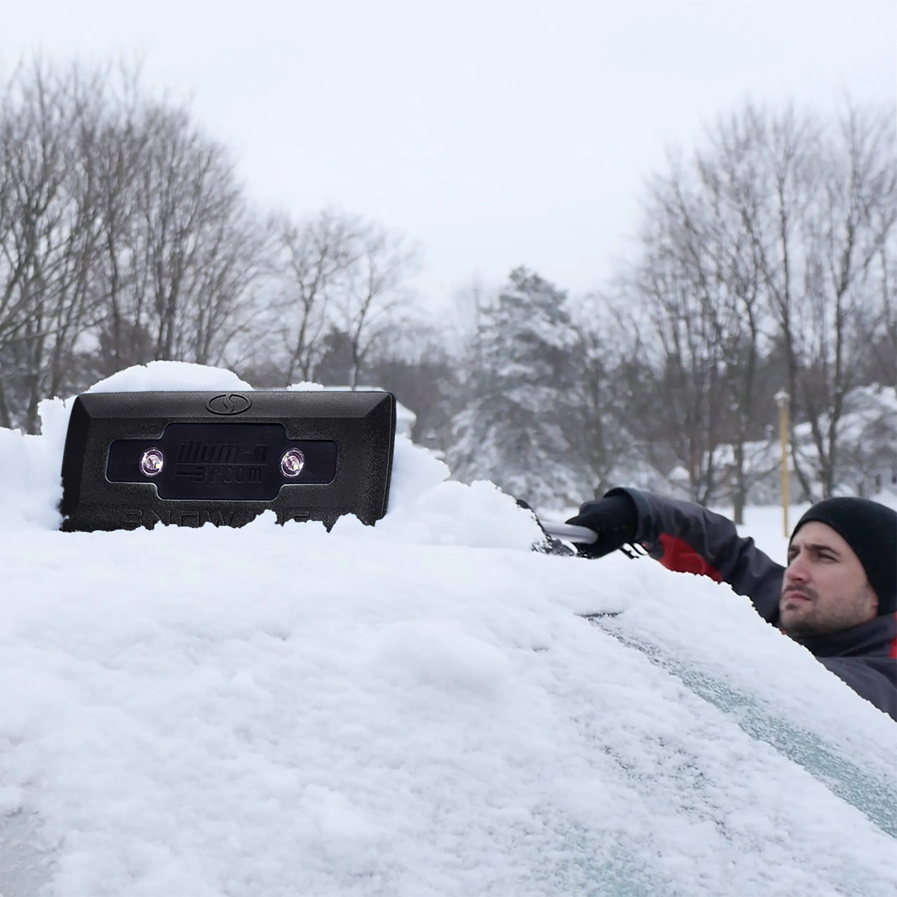 4-In-1 Telescoping Snow Broom   Ice Scraper | 18-Inch Foam Head | Headlights (Black)