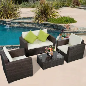 4 Pieces Brown Wicker Rattan Sofa Furniture Set Patio Garden Lawn Cushioned Seat