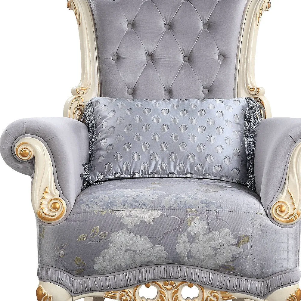 41 Gray Fabric And Black Floral Tufted Arm Chair