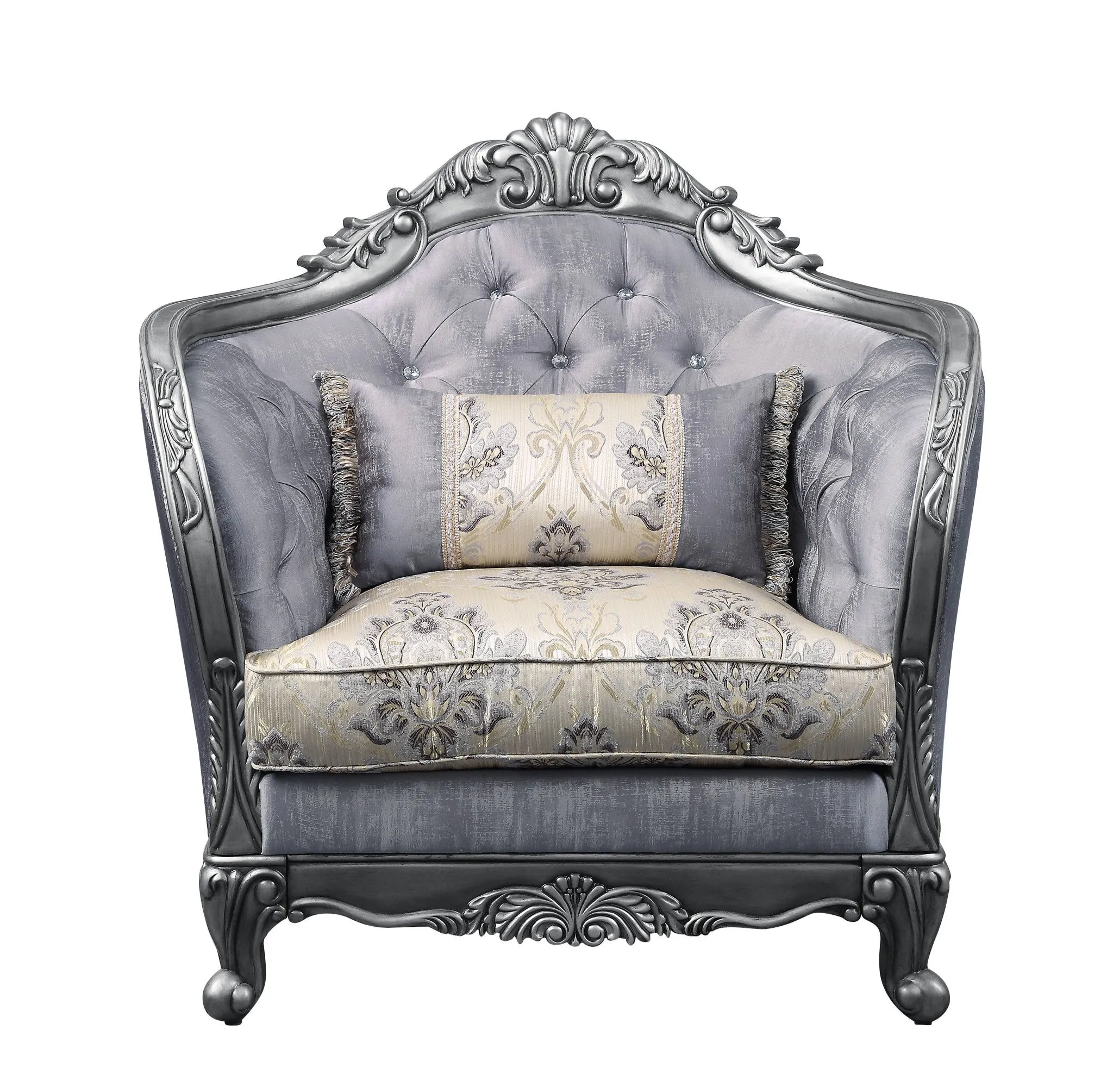 43 Light Gray Fabric And Platinum Floral Tufted Arm Chair