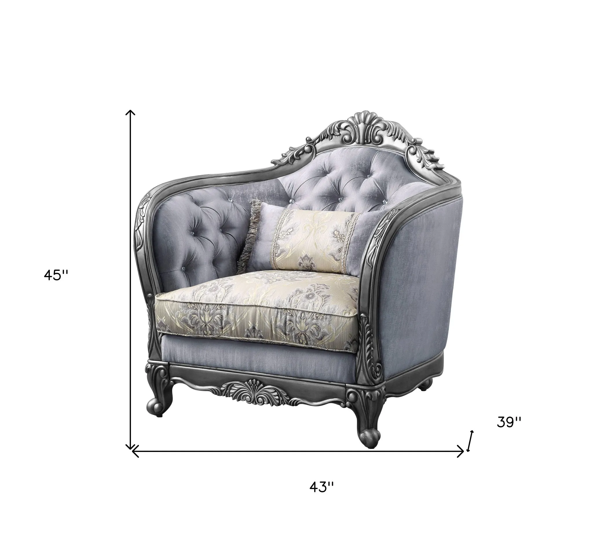 43 Light Gray Fabric And Platinum Floral Tufted Arm Chair