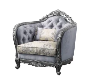 43 Light Gray Fabric And Platinum Floral Tufted Arm Chair