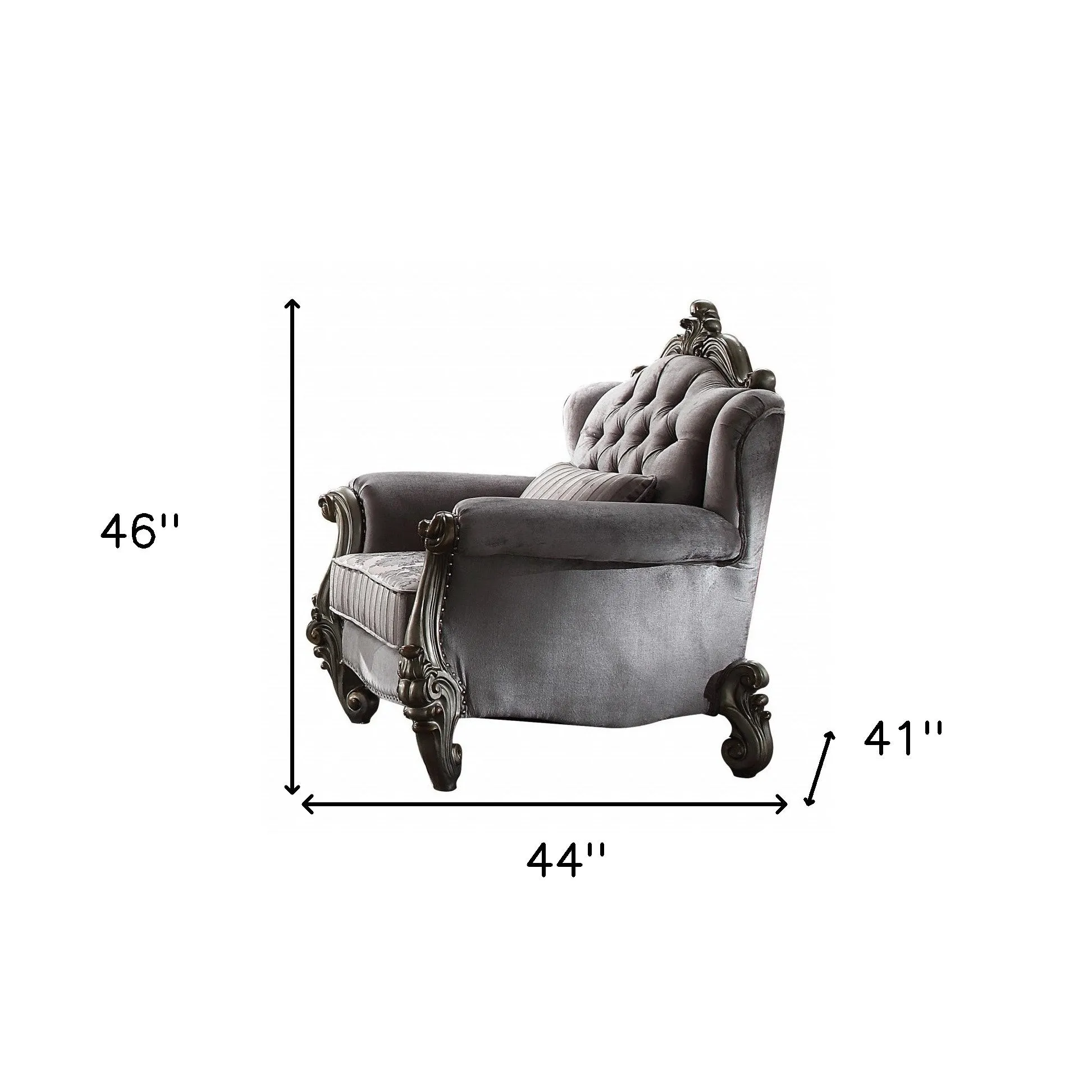 44 Gray And Platinum Velvet Floral Tufted Club Chair