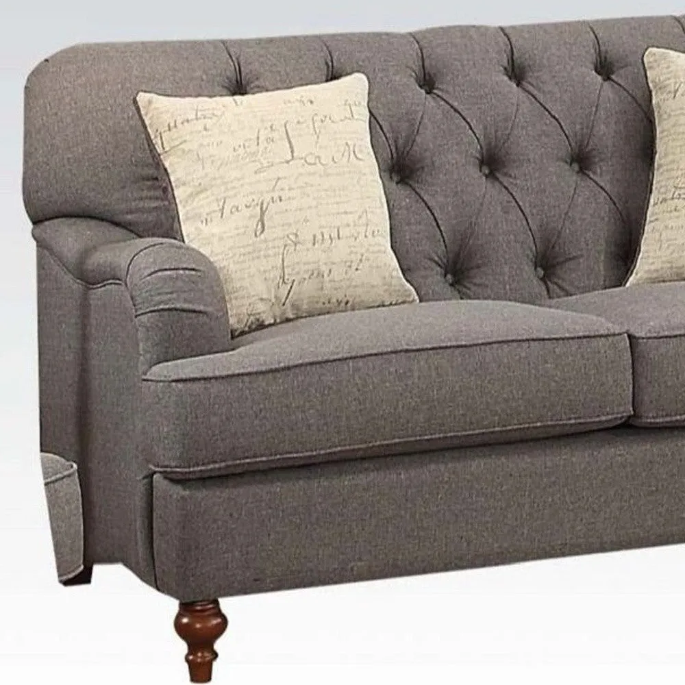 61 Dark Gray And Brown Linen Curved Loveseat and Toss Pillows