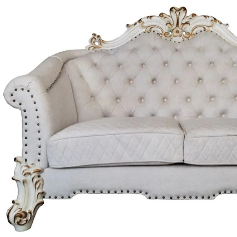 66 Two Tone Ivory And Pearl Velvet Loveseat and Toss Pillows