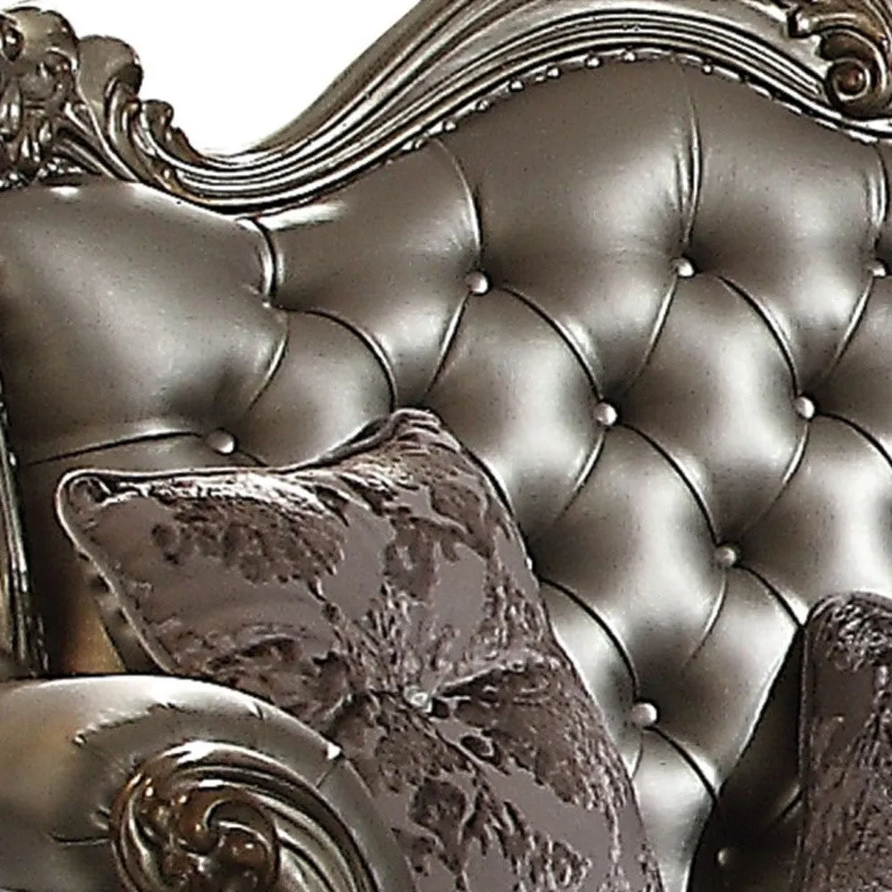 70 Silver And Platinum Faux Leather Loveseat and Toss Pillows