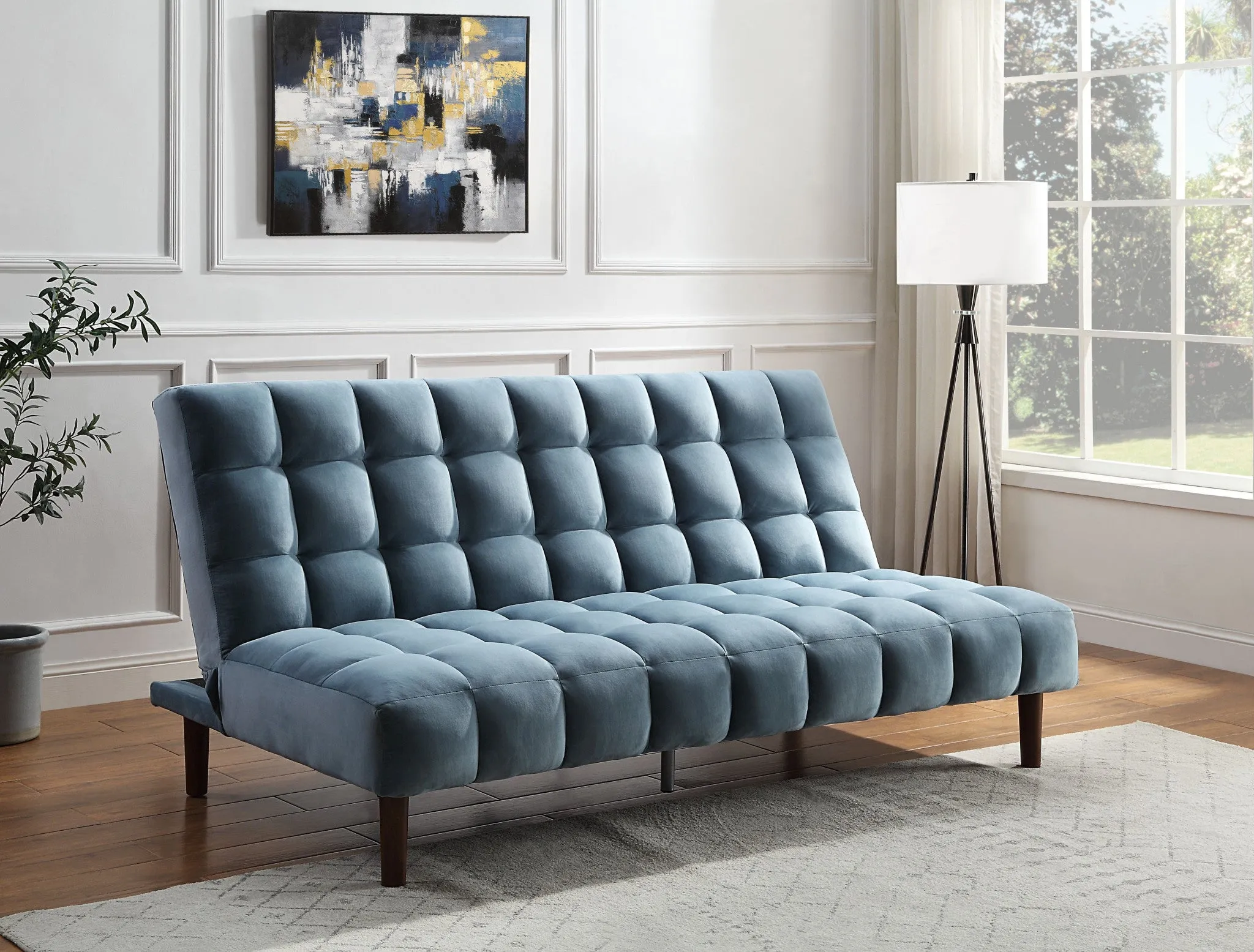 76 Teal Velvet And Wood Brown Sleeper Sofa