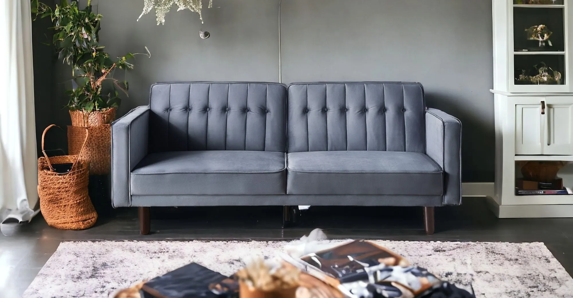 79 Dark Gray Velvet And Black Sleeper Sofa