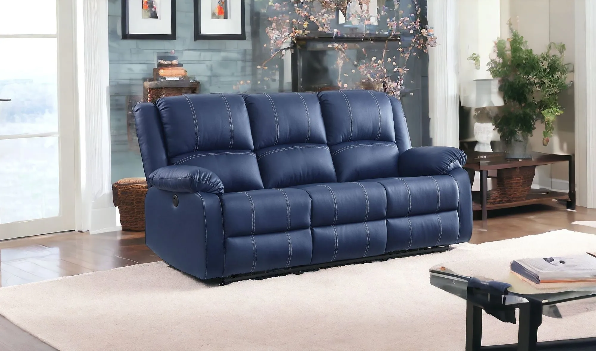 81 Blue And Black Faux Leather Reclining USB Sofa