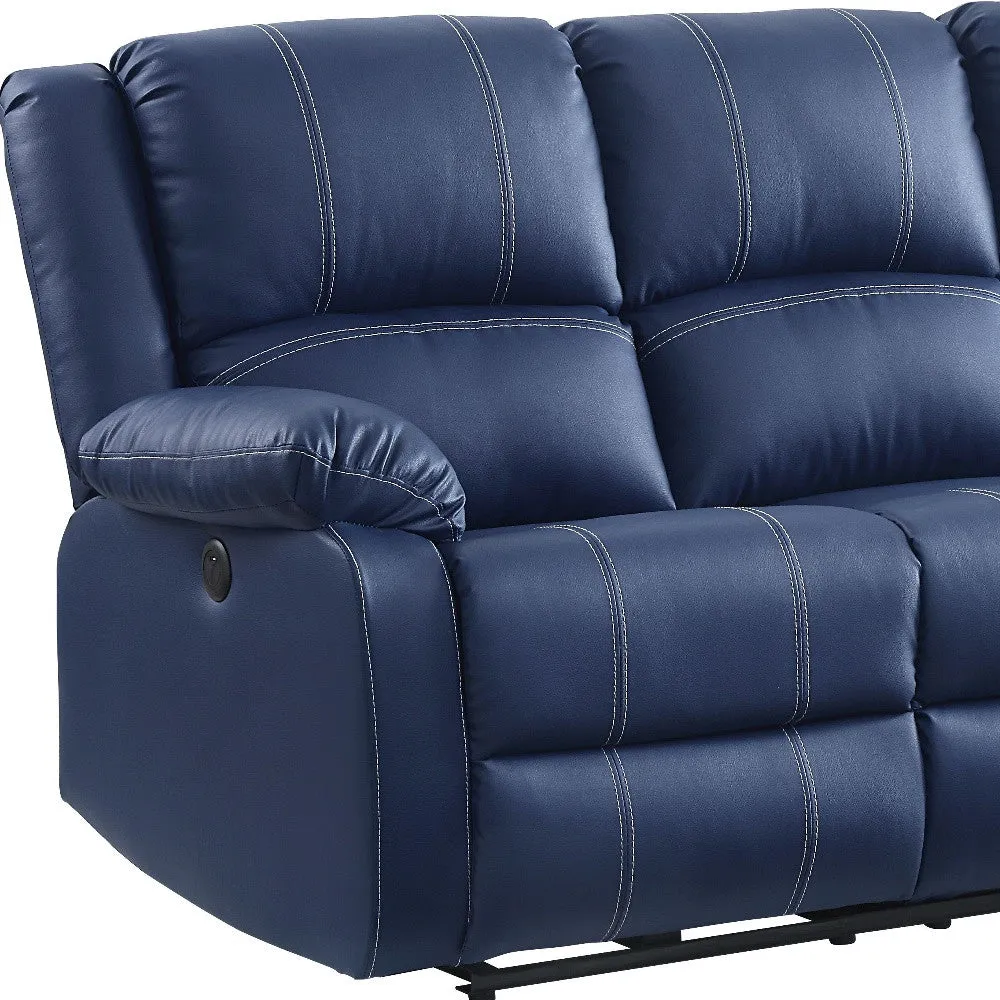 81 Blue And Black Faux Leather Reclining USB Sofa