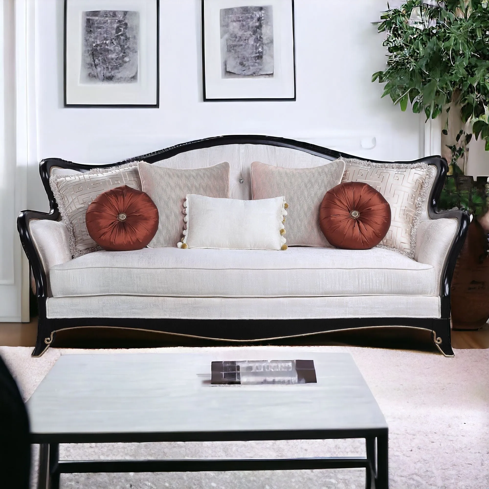 86 Beige And Black Sofa With Seven Toss Pillows