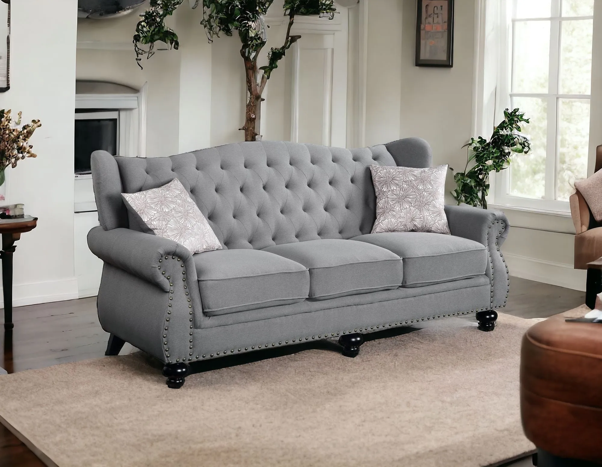 86 Gray And Black Sofa With Two Toss Pillows