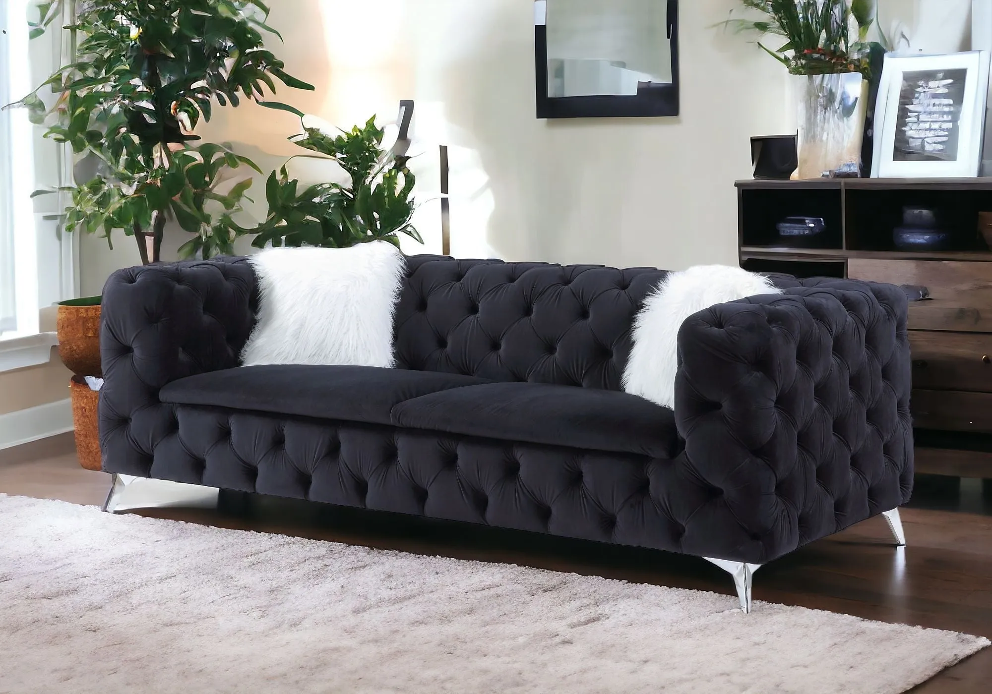 91 Black And Silver Velvet Sofa And Toss Pillows