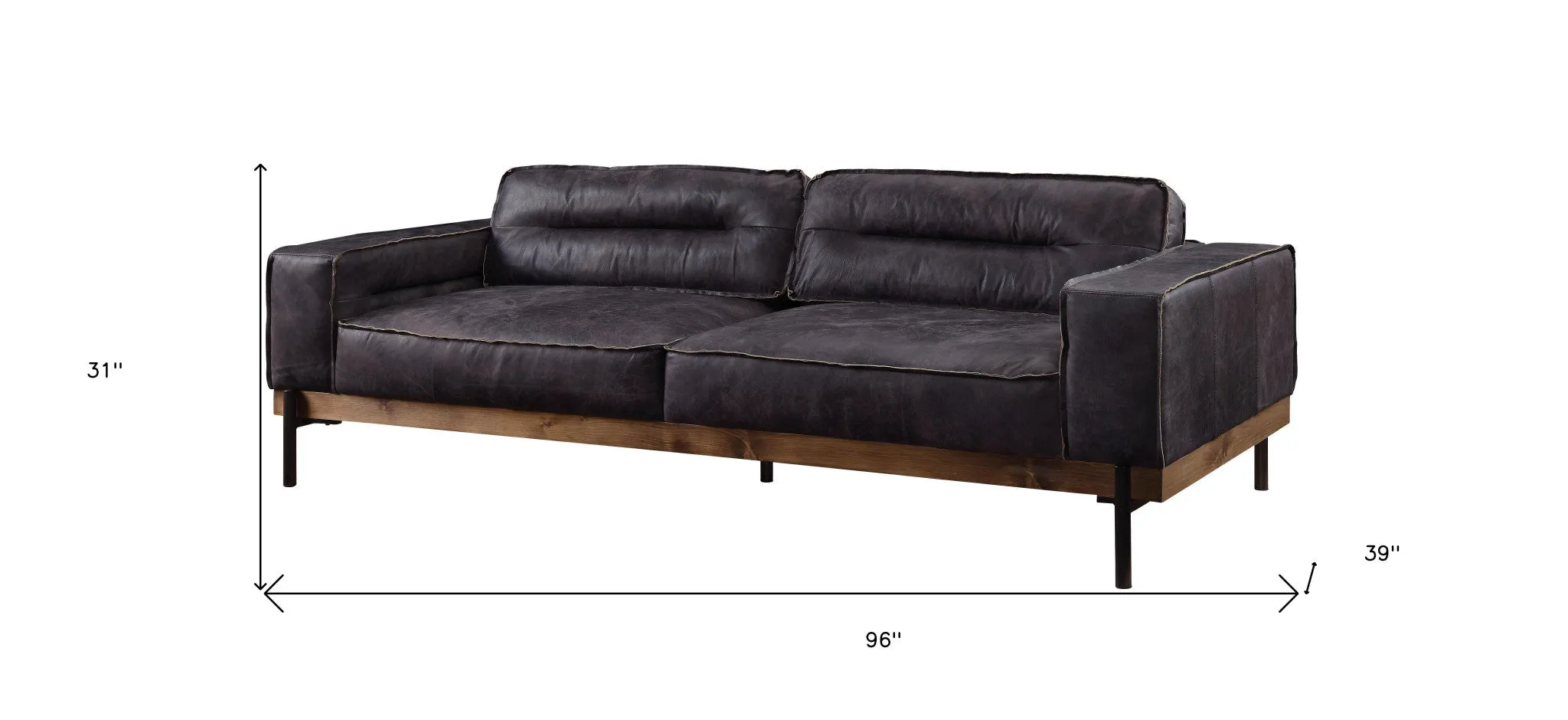 96 Antique Ebony Black Top Grain Leather Sofa