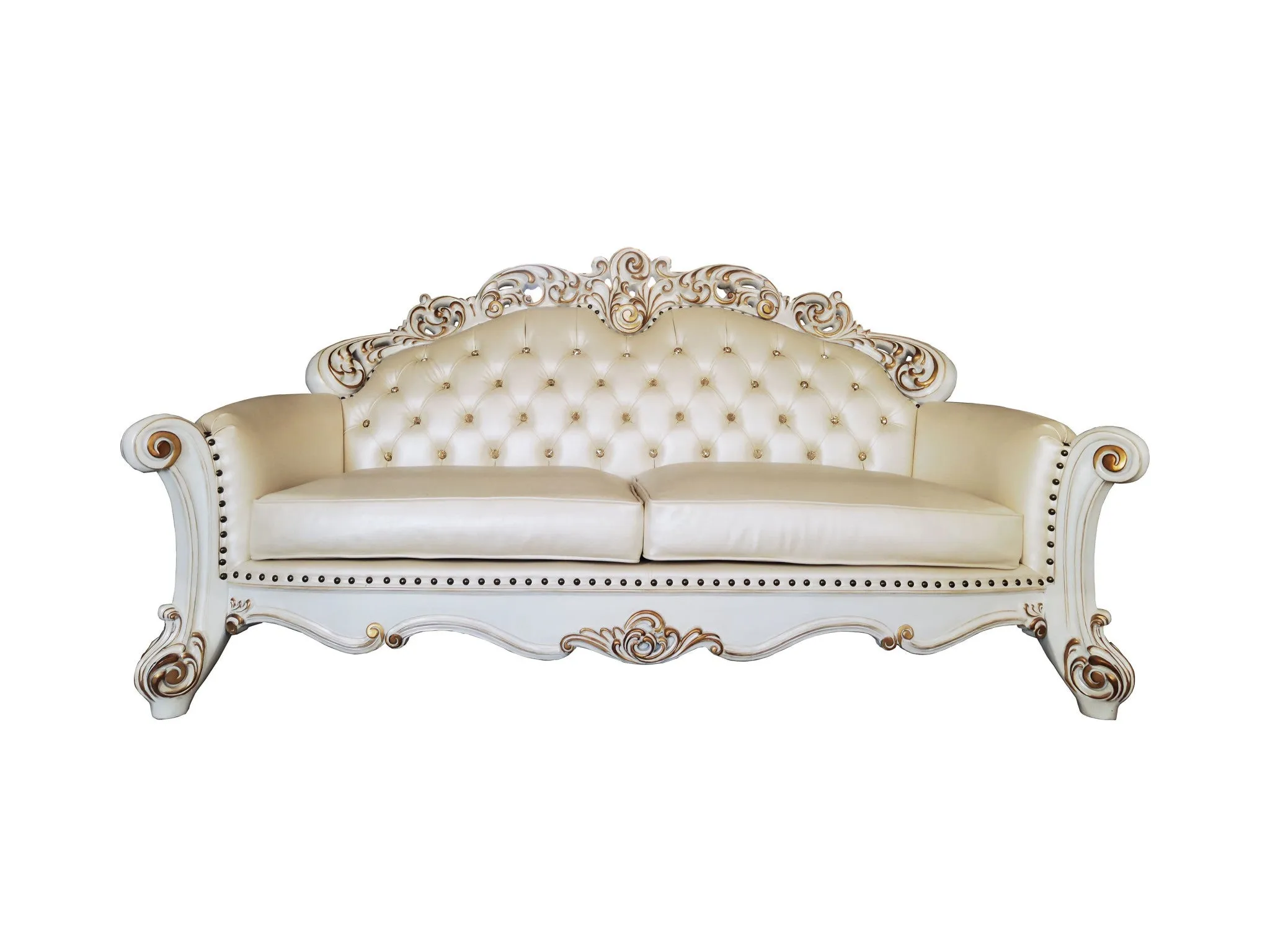 96 Champagne Faux Leather And Pearl Sofa With Five Toss Pillows