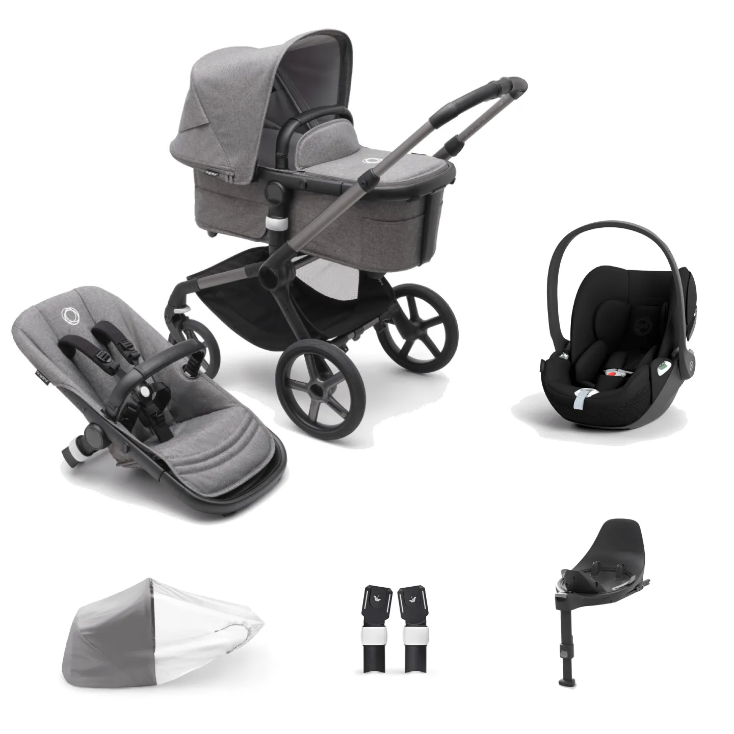 Bugaboo Fox 5, Cloud T and Base Travel System - Graphite/Grey Melange/Grey Melange