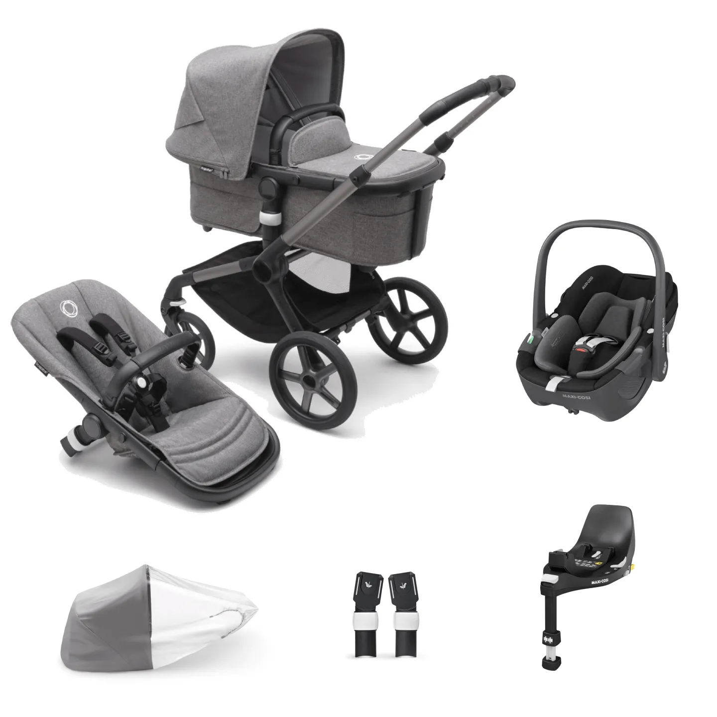 Bugaboo Fox 5, Pebble 360 and Base Travel System - Graphite/Grey Melange/Grey Melange