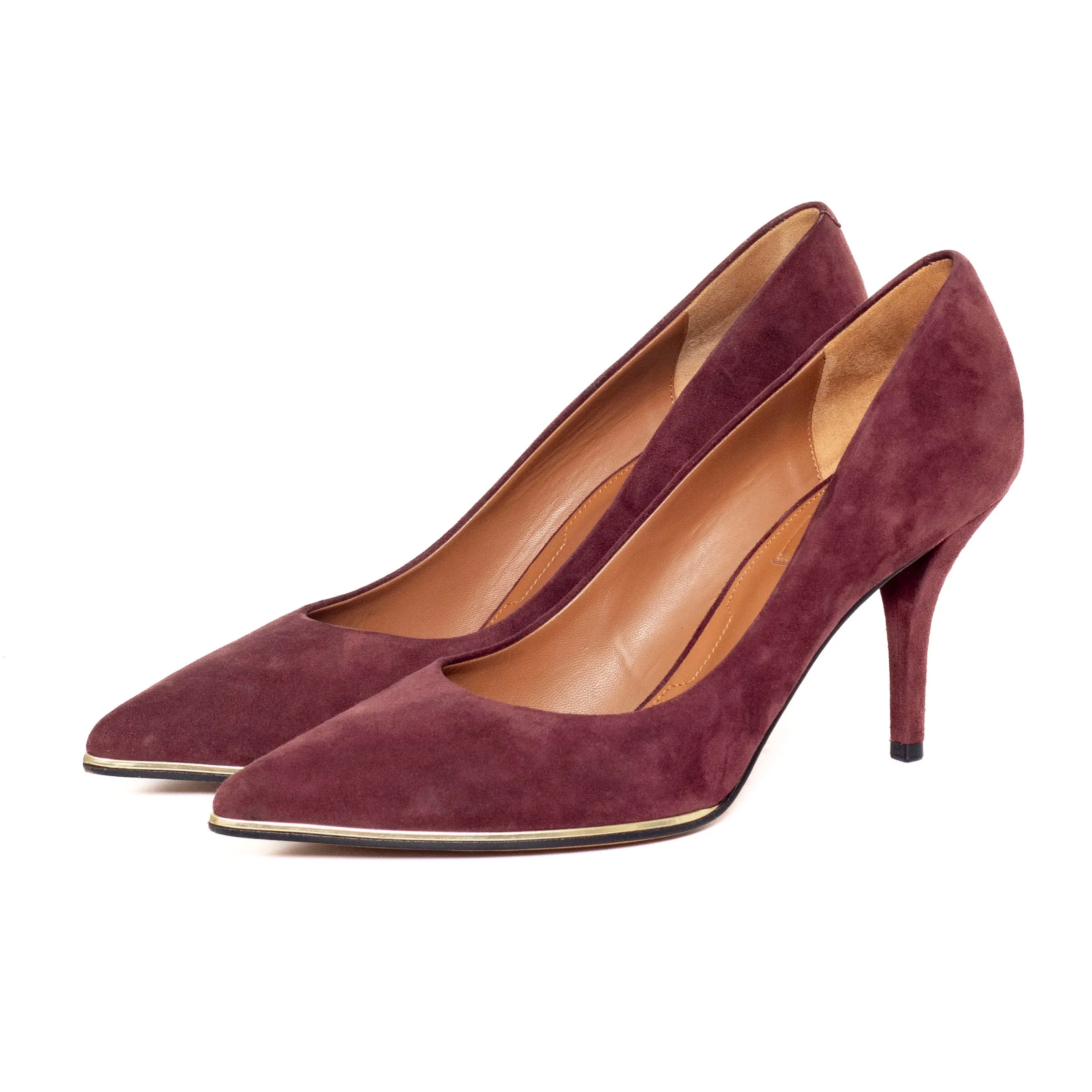 Burgundy and Gold Trim Suede Pumps 40