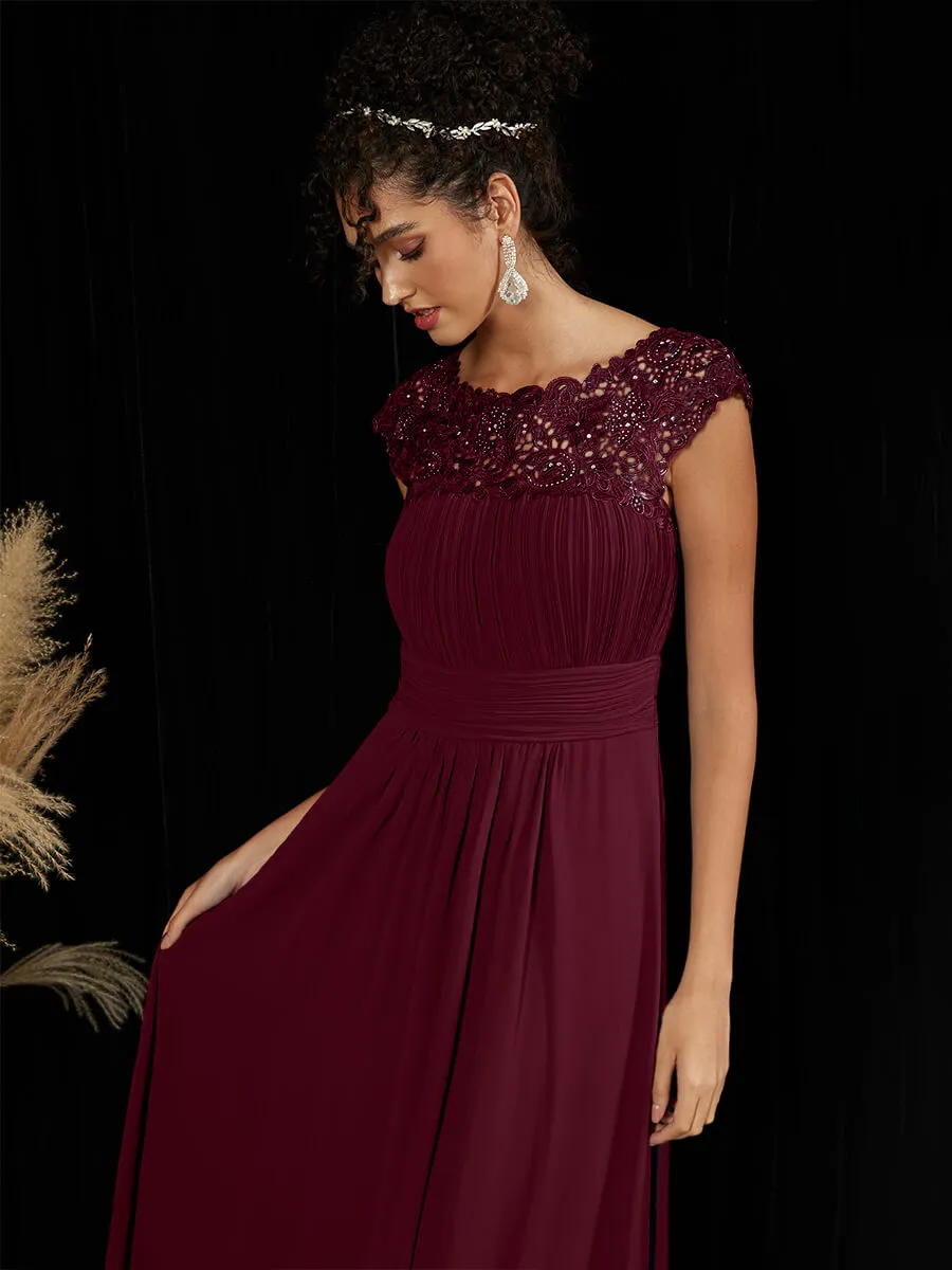 Burgundy Chiffon Lace Open Back Elegant Long Formal Occasion Party Gown