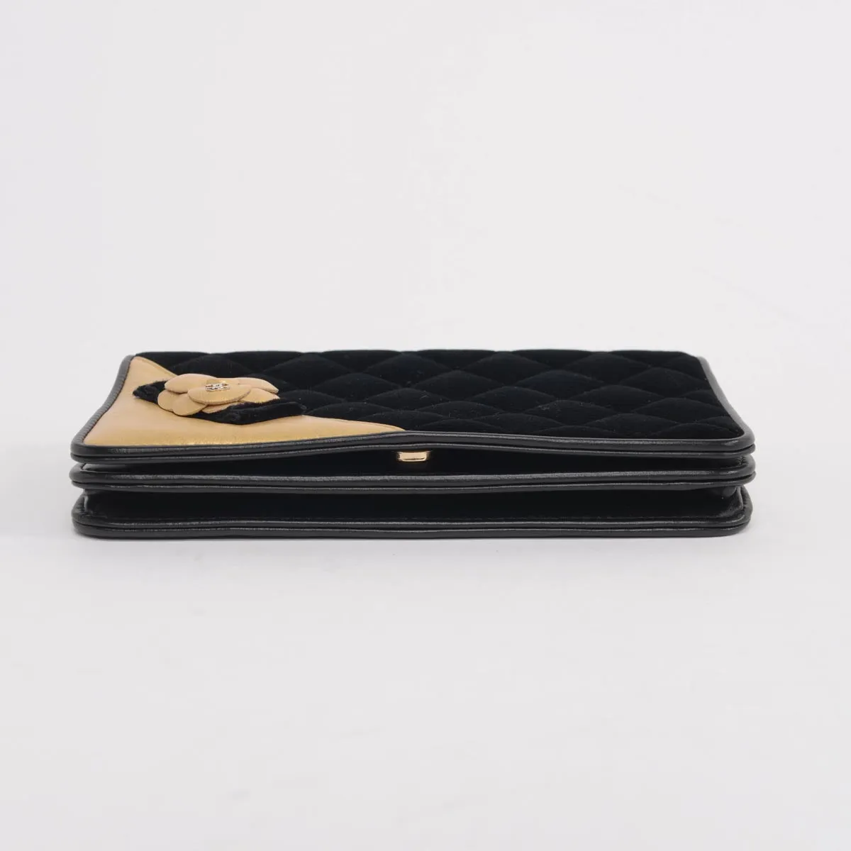 Chanel Black & Gold Velvet Camellia Wallet on Chain