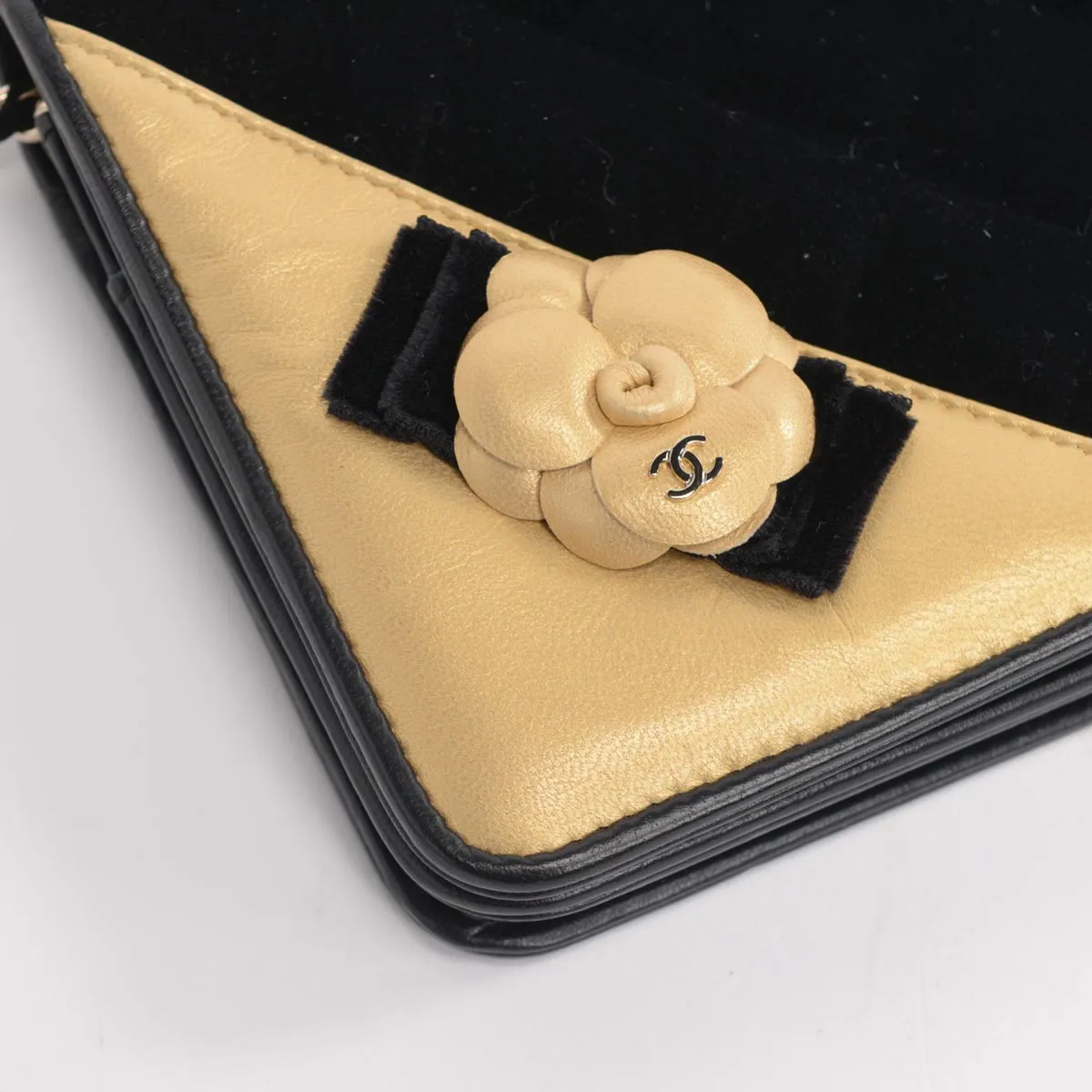 Chanel Black & Gold Velvet Camellia Wallet on Chain