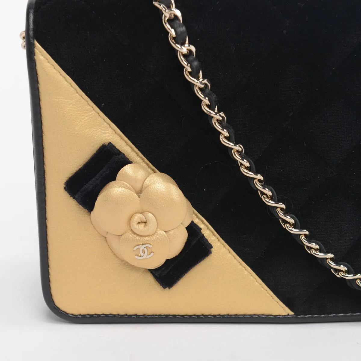 Chanel Black & Gold Velvet Camellia Wallet on Chain