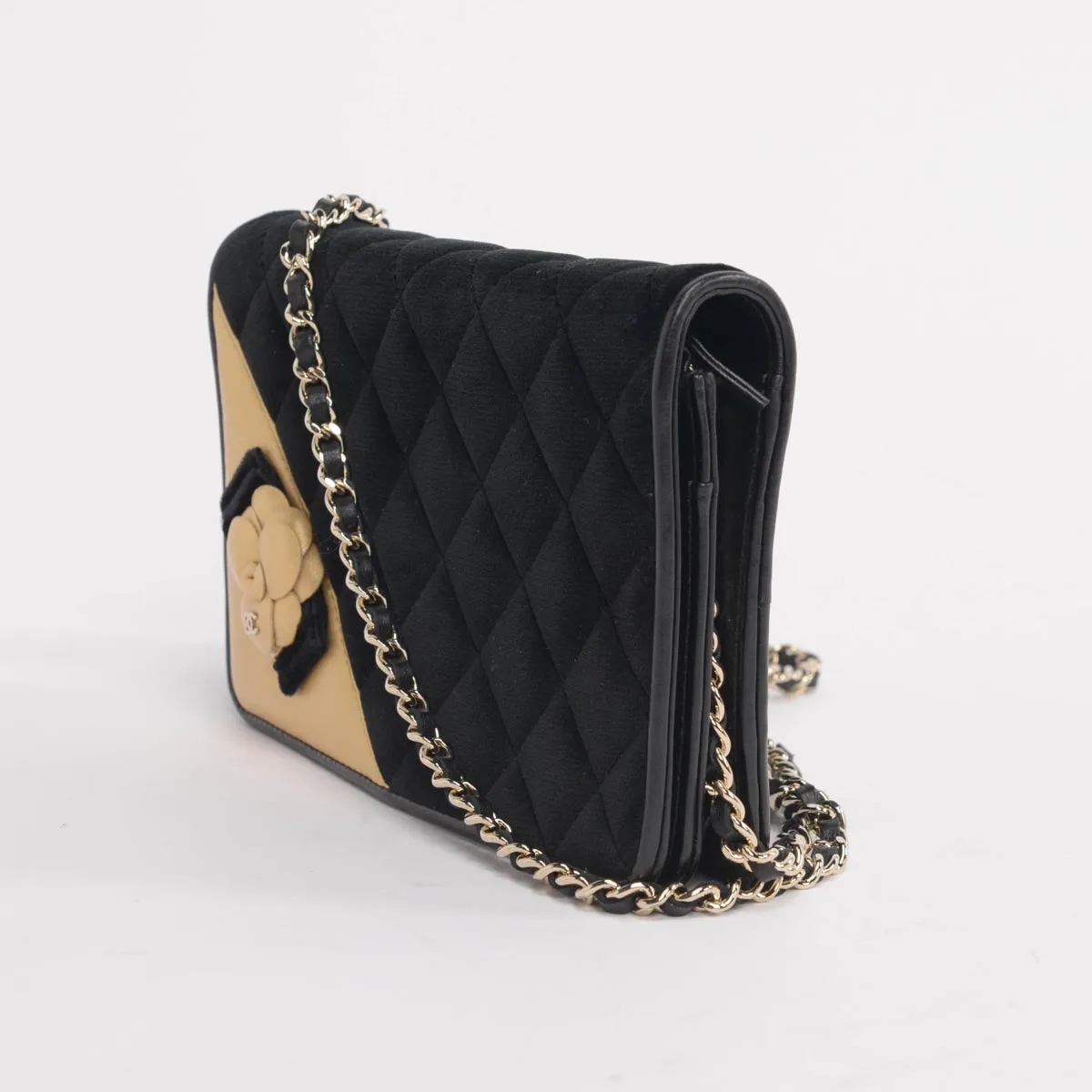 Chanel Black & Gold Velvet Camellia Wallet on Chain