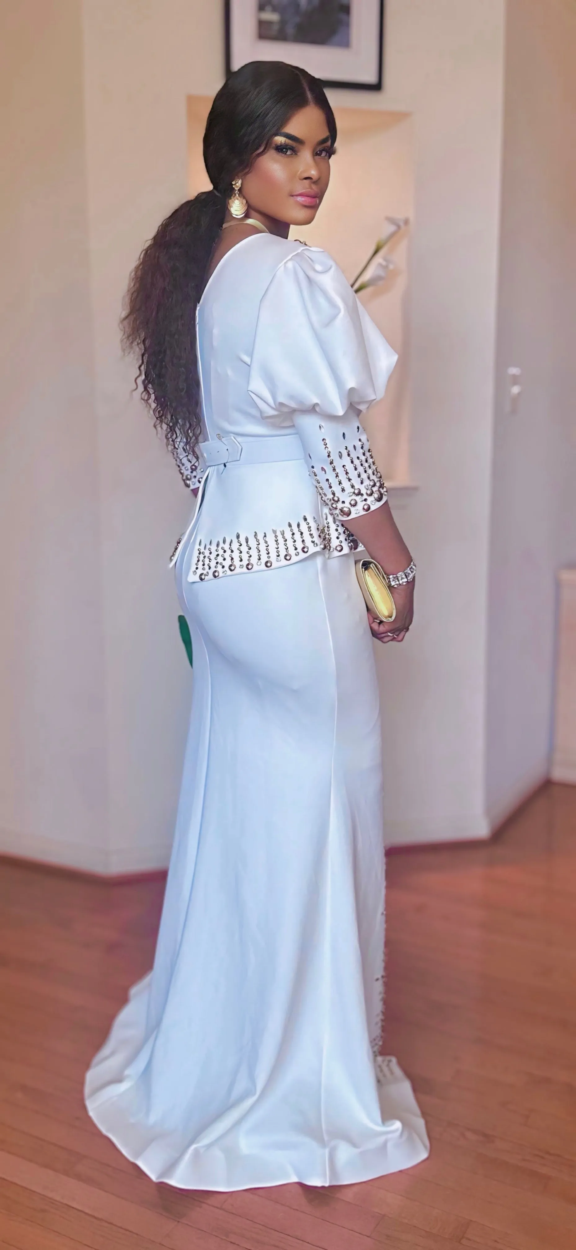 COUTURE BEADED RHINESTONE PUFFY FLOOR LENGTH DRESS( WHITE)