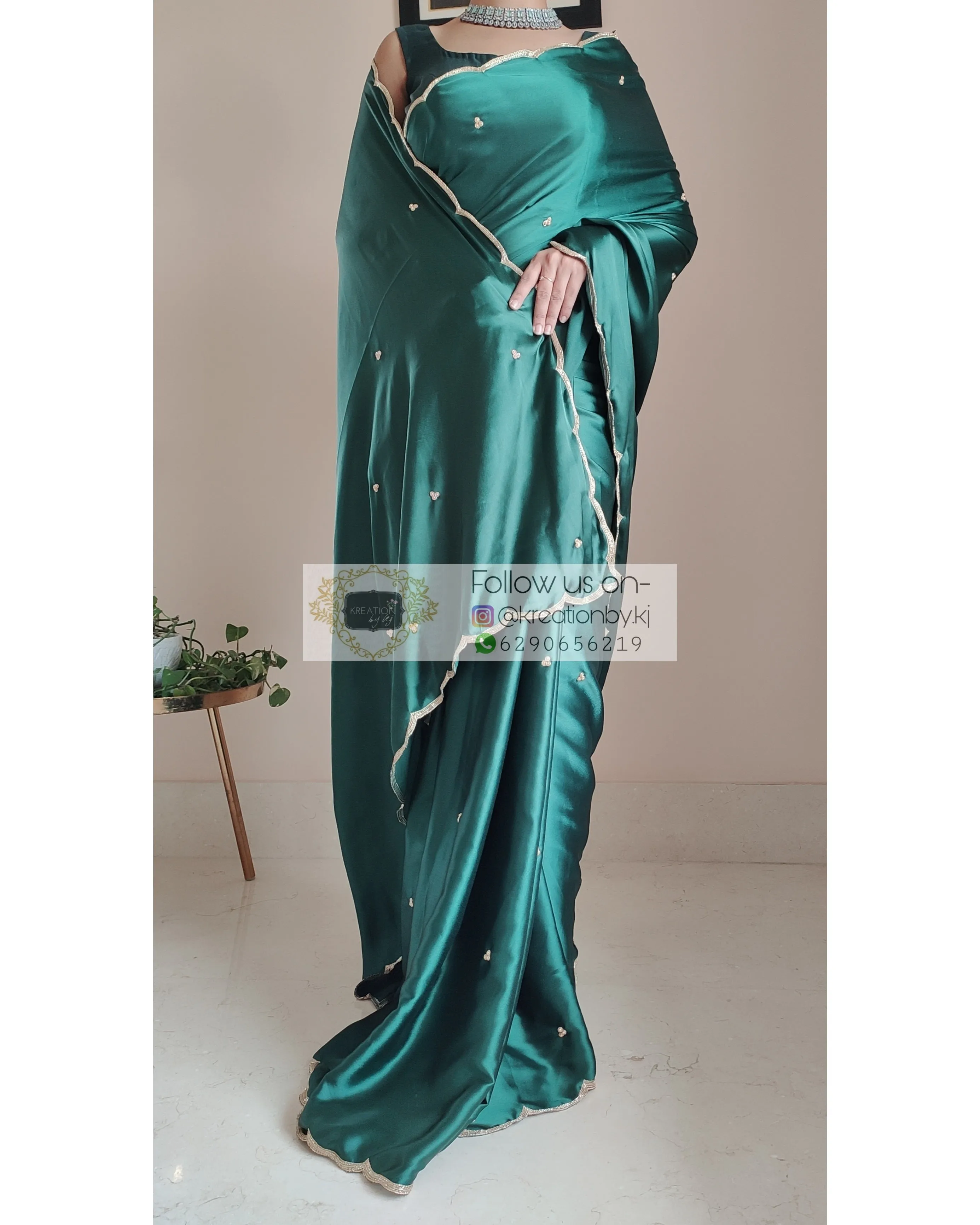 Emerald Green Satin Silk Saree With Handembroidered Scalloping