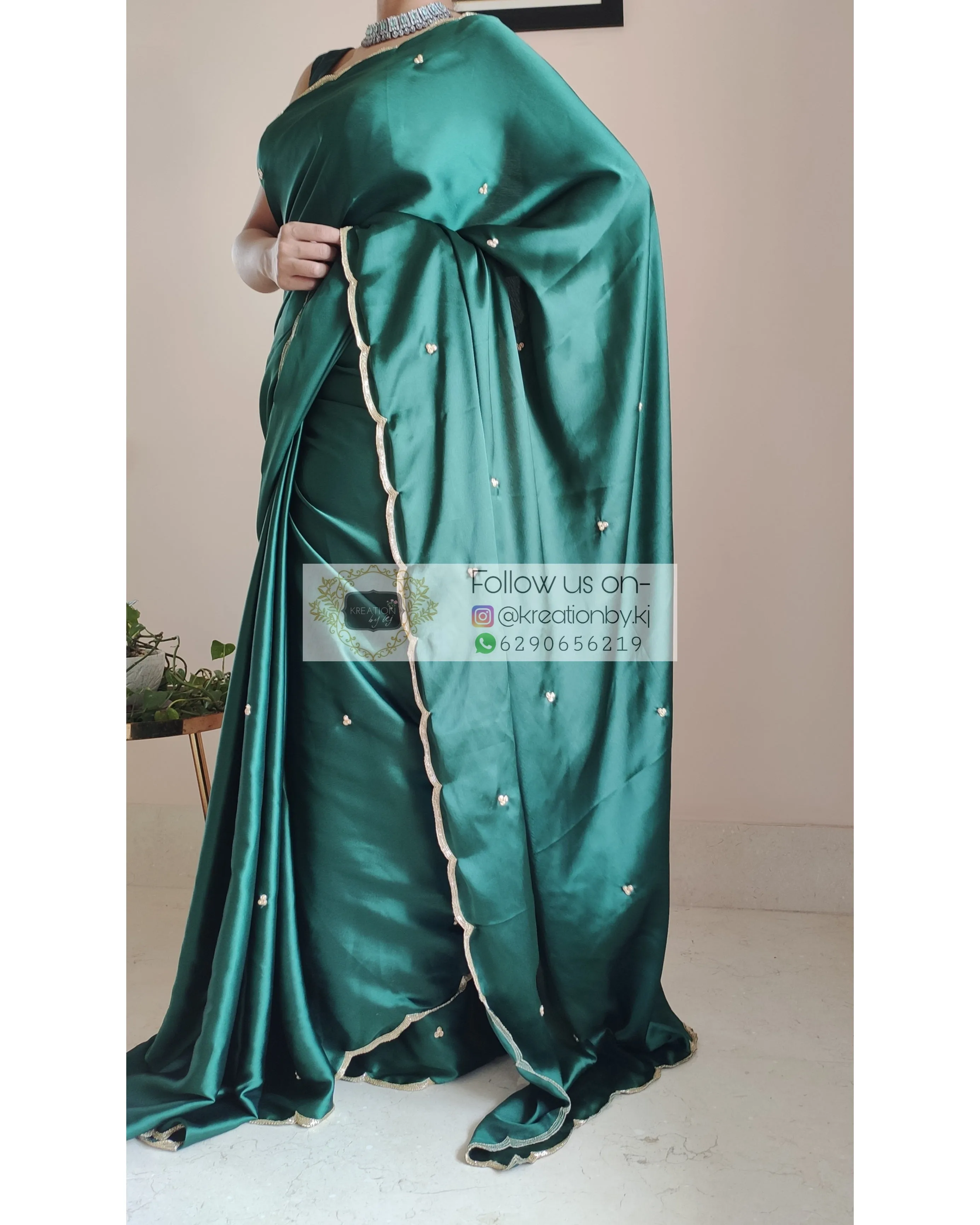 Emerald Green Satin Silk Saree With Handembroidered Scalloping