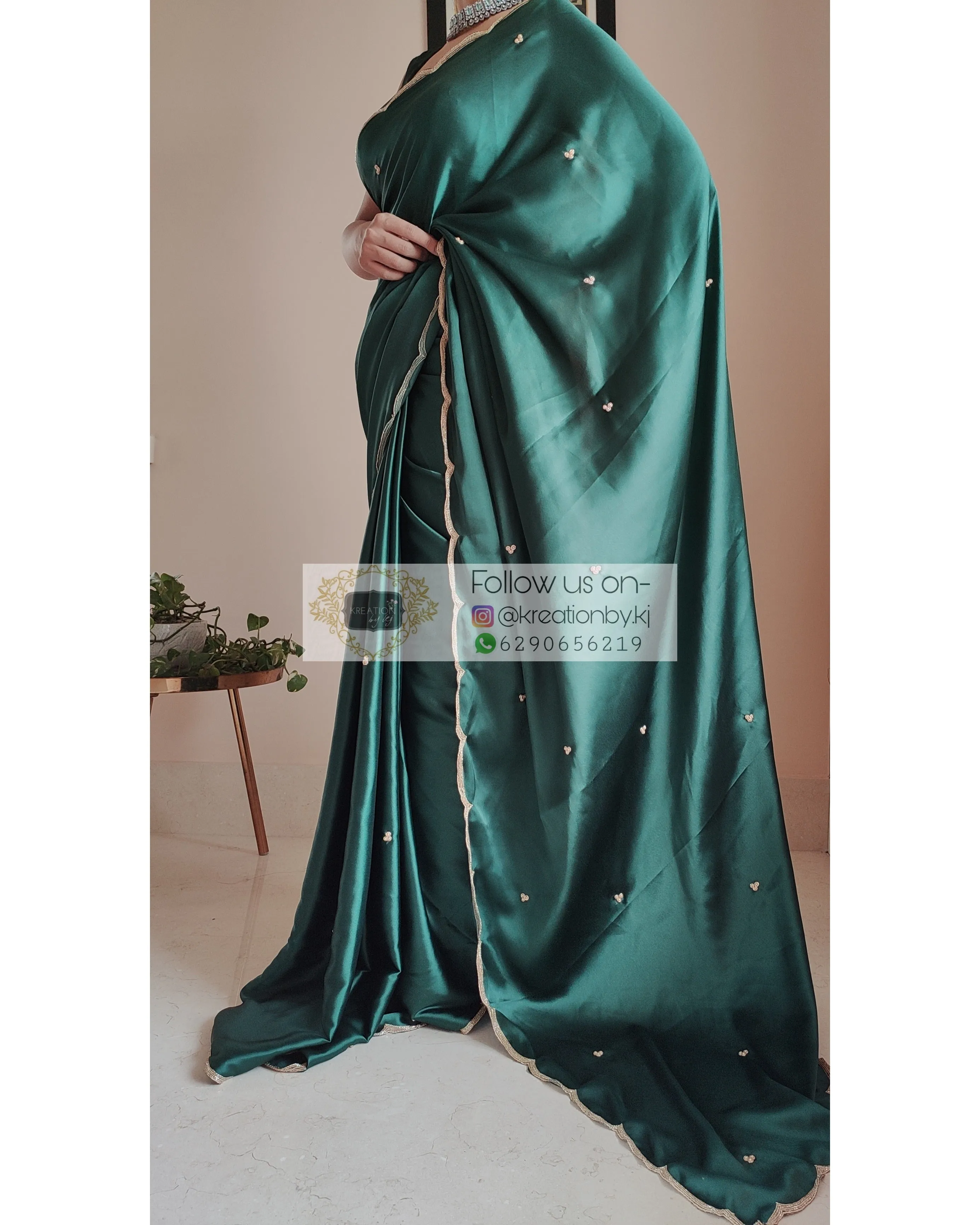 Emerald Green Satin Silk Saree With Handembroidered Scalloping