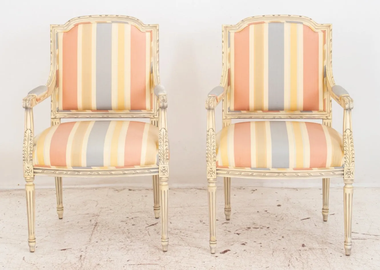 French Louis XVI Style Upholstered Armchair, Pair