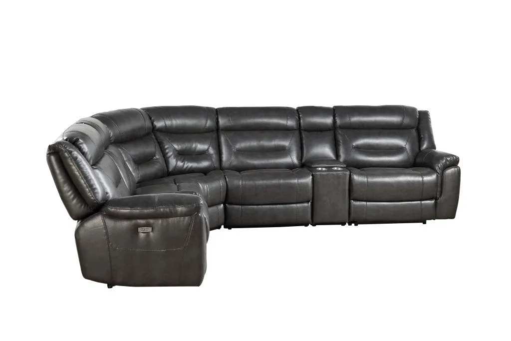 Gray Faux Leather Power Reclining L Shaped Six Piece Corner Sectional With Console