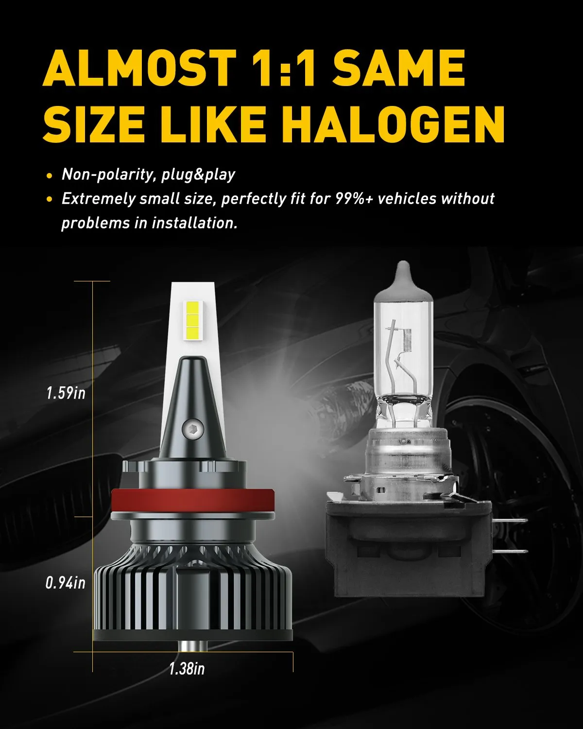 H11B LED Headlights Bulbs, 400% Brighter, Mini Size, 80W 16,000LM Per Pair, CanBus Ready, Beam Adjustable Lamp