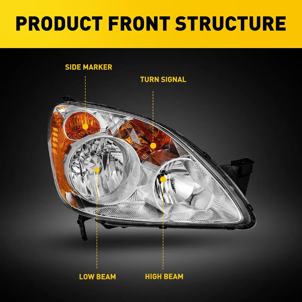 Headlight Assembly Fit For 2005-2006 Honda CRV with Chrome Housing and Amber Reflactor