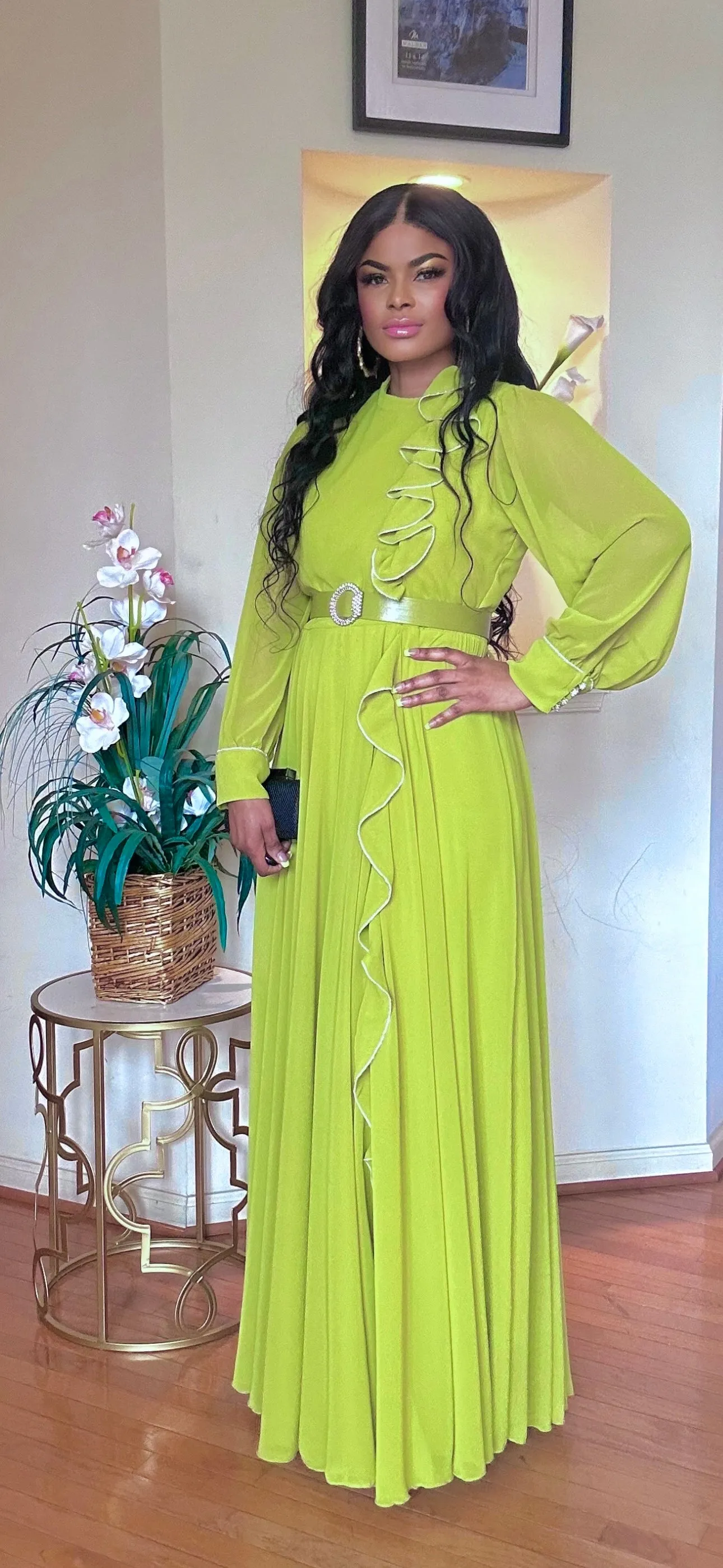 LONGSLEEVE BELTED MAXI DRESS(LEMON)