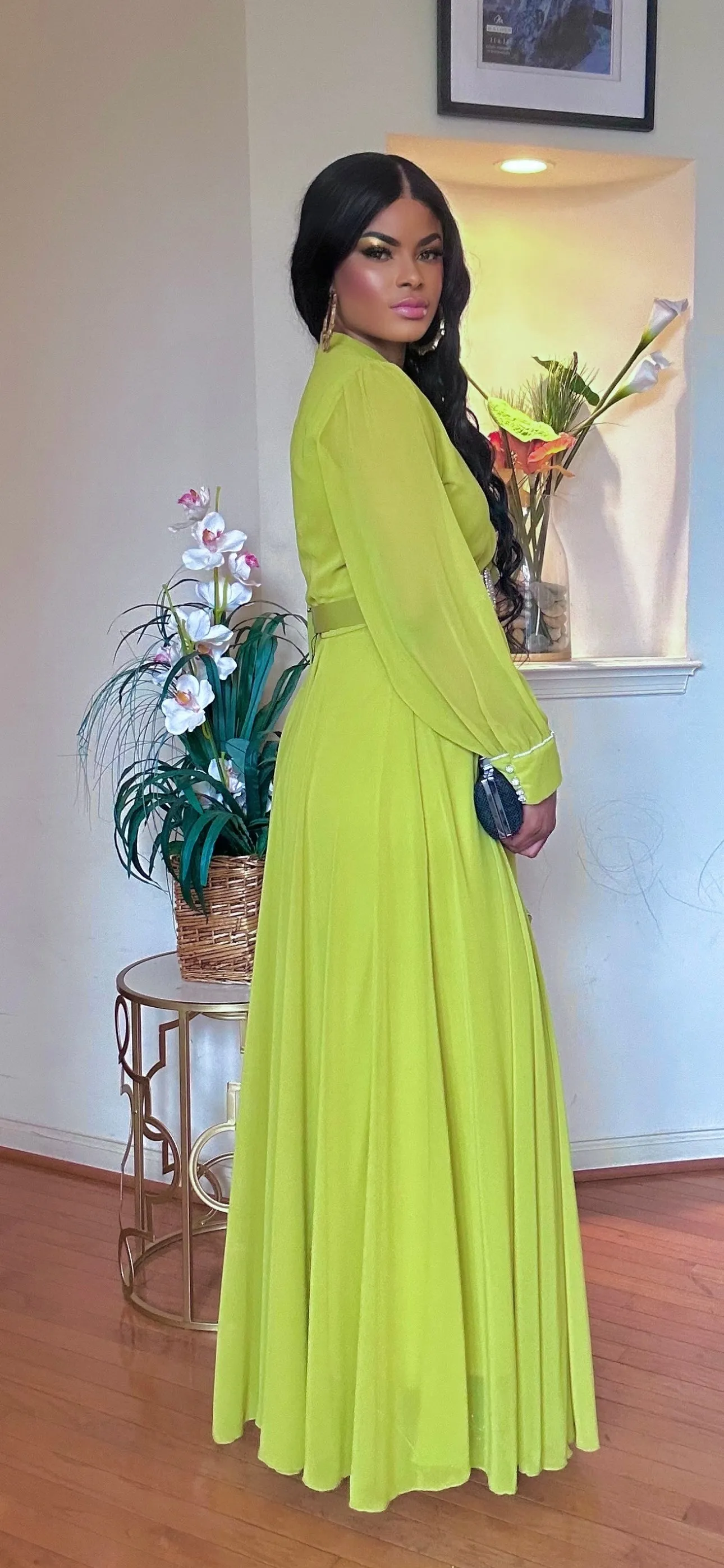 LONGSLEEVE BELTED MAXI DRESS(LEMON)