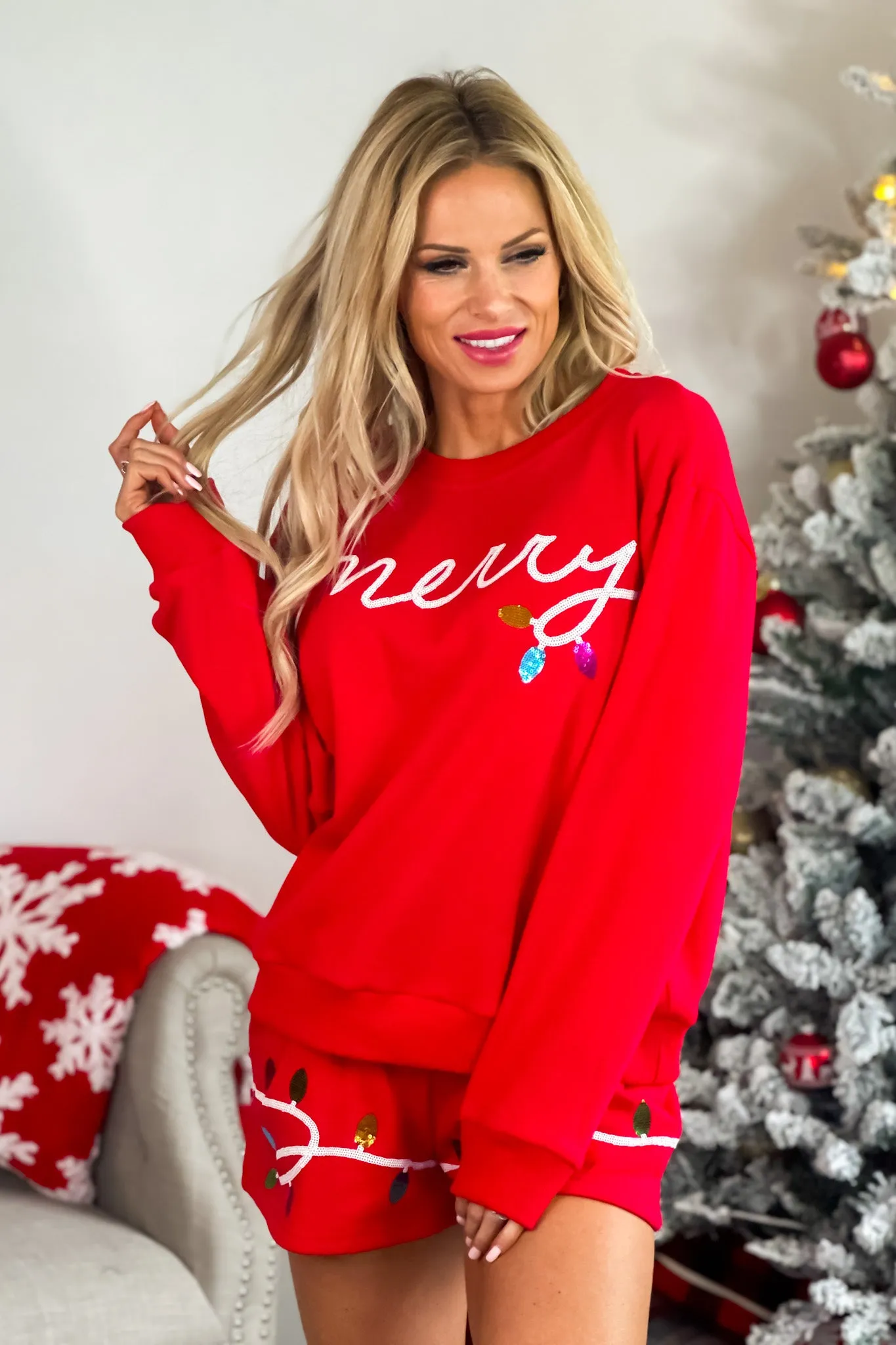 Merry Sequined Lights Pullover/Shorts Fleece Set : Red