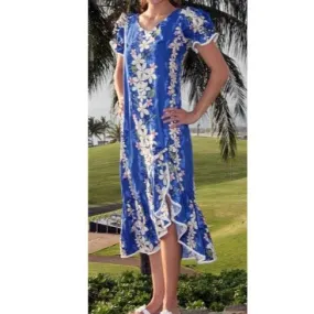 Mid Length Muumuu Hawaiian Dress Blue with Ribbon