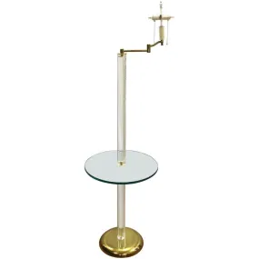 Modern Floor Lamp with Attached Side Table in Glass, Lucite and Brass