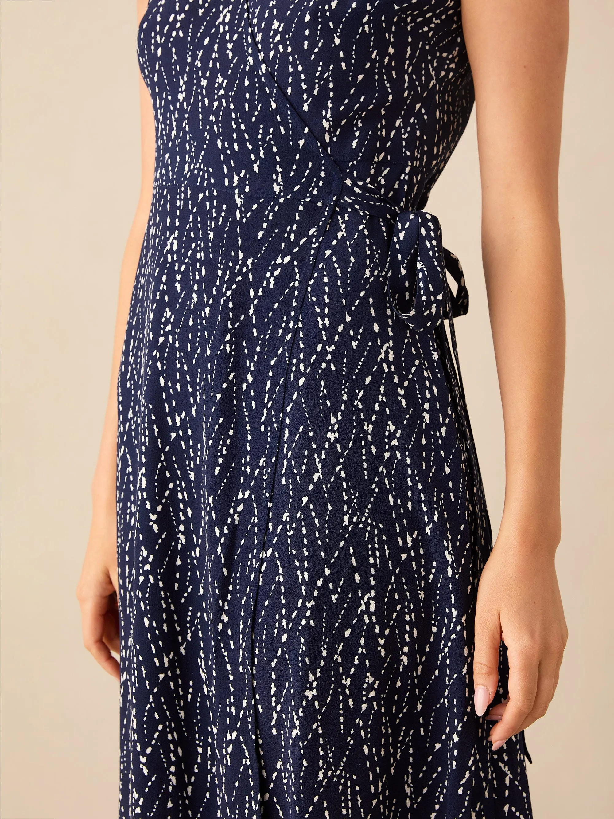 Navy Dash Print Wrap Midi Dress