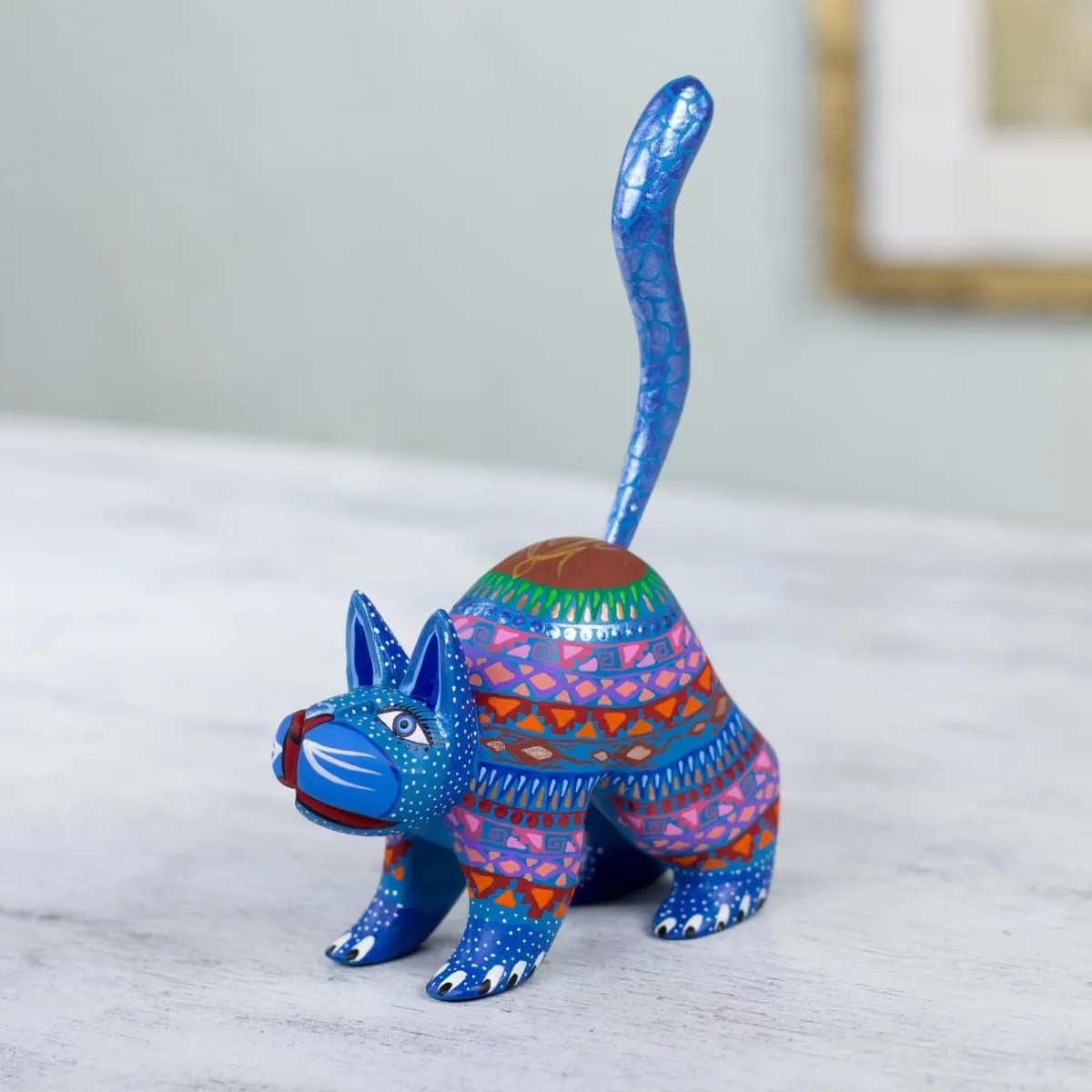 Novica Blue Cat Greeting Alebrije Sculpture