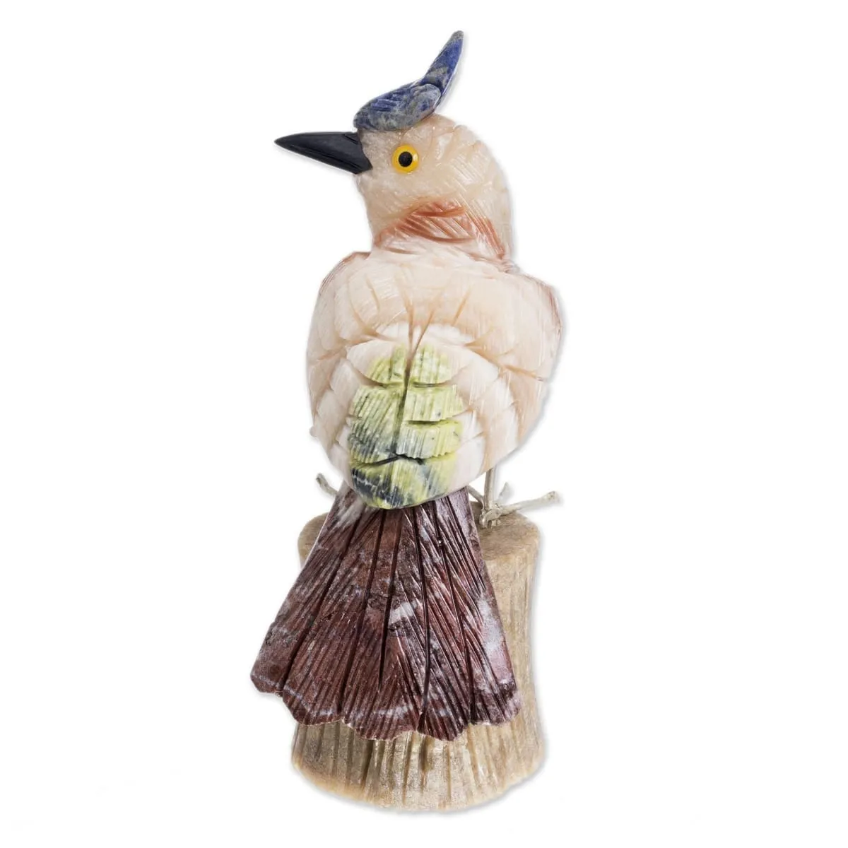 Novica Blue Crested Bird Calcite And Garnet Sculpture