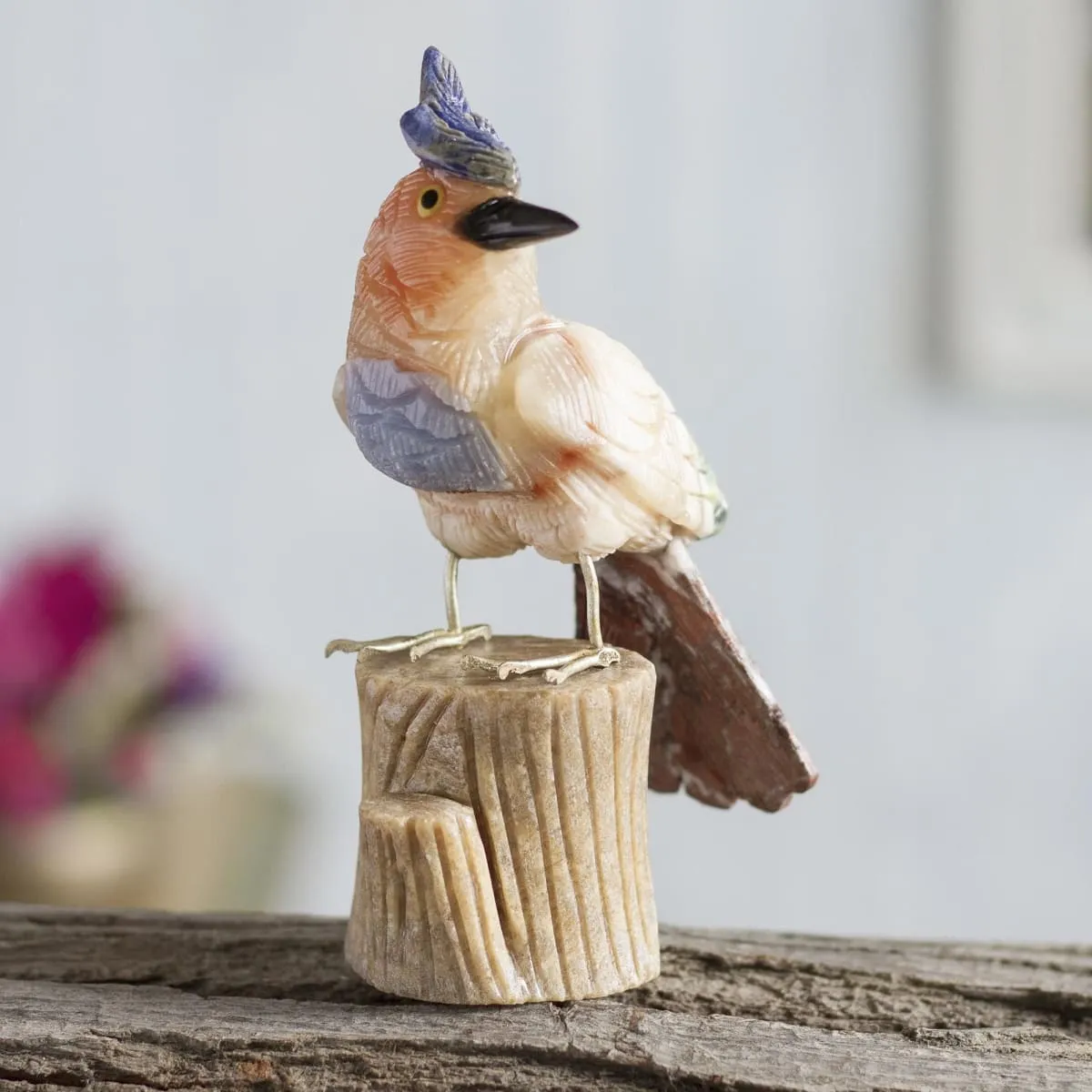 Novica Blue Crested Bird Calcite And Garnet Sculpture